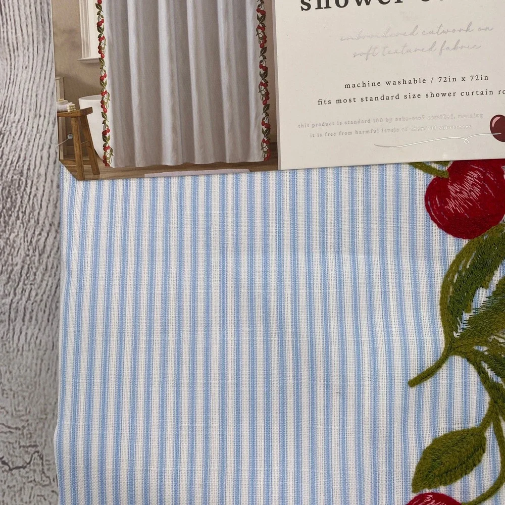 Envogue Shower Curtain Blue White Stripe Red Cherry Embroidered Whimsical Fruit